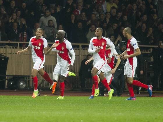 Football - UEFA Champions League - Round of Sixteen: AS Monaco 3 vs. Manchester City 5 monaco celebrates scoring their first goal, at the Stade Louis II. COLORSPORT WINSTON BYNORTH 