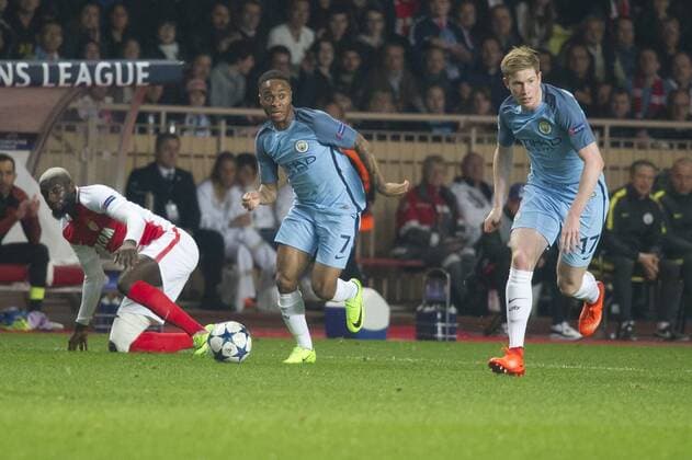 Football - UEFA Champions League - Round of Sixteen: AS Monaco 3 vs. Manchester City 5 Raheem Sterling of Manchester City attacks , at the Stade Louis II. COLORSPORT WINSTON BYNORTH 