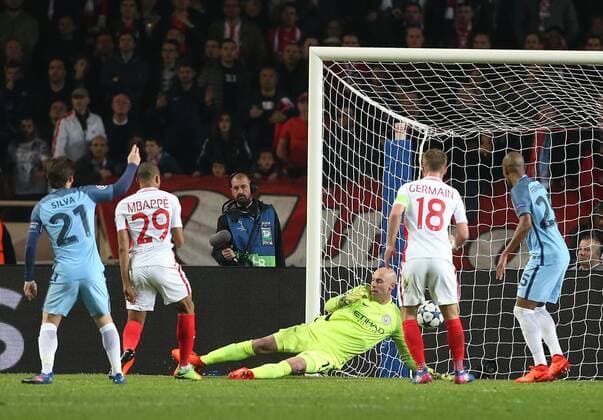 Kylian Mbappe of AS Monaco scores the first goal past Wilfredo Caballero of Manchester City during the UEFA Champions League Round of 16 2nd Leg match at the Stage Louis ll Stadium, Monaco. Picture date: March 15th, 2017. Pic credit should read: David Klein Sportimage EDITORIAL USE ONLY. No use with unauthorised audio, video, data, fixture lists, club league logos or live services. Online in-match use limited to 120 images, no video emulation. No use in betting, games or single club league player publications.