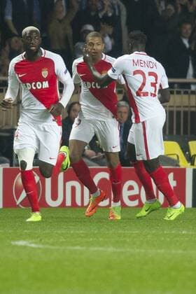 Football - UEFA Champions League - Round of Sixteen: AS Monaco 3 vs. Manchester City 5 monaco celebrates scoring their first goal, at the Stade Louis II. COLORSPORT WINSTON BYNORTH 