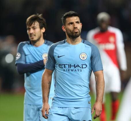 Dejected Sergio Aguero and David Silva of Manchester City at half time during the UEFA Champions League Round of 16 2nd Leg match at the Stage Louis ll Stadium, Monaco. Picture date: March 15th, 2017. Pic credit should read: David Klein Sportimage EDITORIAL USE ONLY. No use with unauthorised audio, video, data, fixture lists, club league logos or live services. Online in-match use limited to 120 images, no video emulation. No use in betting, games or single club league player publications.