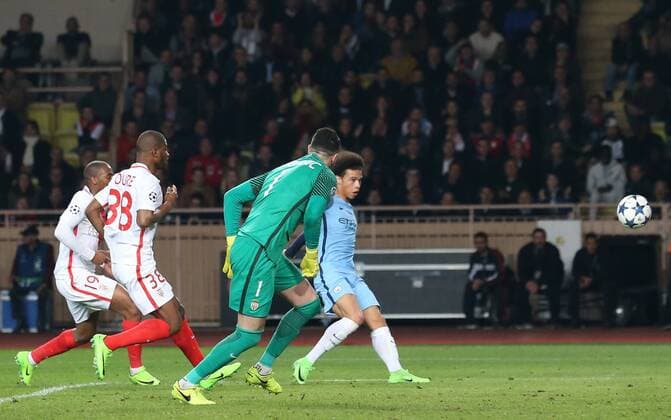 Leroy Sane of Manchester City scores during the UEFA Champions League Round of 16 2nd Leg match at the Stage Louis ll Stadium, Monaco. Picture date: March 15th, 2017. Pic credit should read: David Klein Sportimage EDITORIAL USE ONLY. No use with unauthorised audio, video, data, fixture lists, club league logos or live services. Online in-match use limited to 120 images, no video emulation. No use in betting, games or single club league player publications.