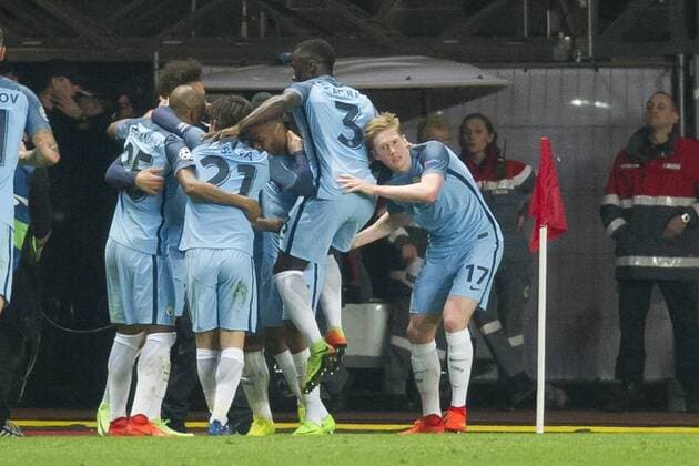 Football - UEFA Champions League - Round of Sixteen: AS Monaco 3 vs. Manchester City 5 Leroy Sane of Manchester City celebrates scoring his team s first goal , at the Stade Louis II. COLORSPORT WINSTON BYNORTH 