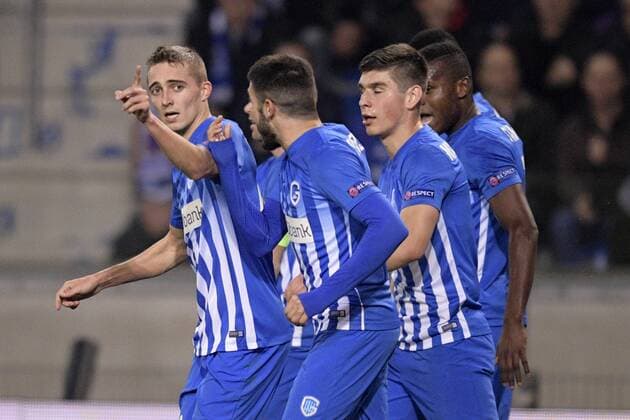 Genk s Timothy Castagne celebrates after scoring during the return game of 1 8 finals of the Europa League competition between Belgian soccer team KRC Genk and Belgian club KAA Gent, Thursday 16 March 2017, in Genk. First leg in Gent ended on a 2-5 result. YORICKxJANSENS  x05065811x
