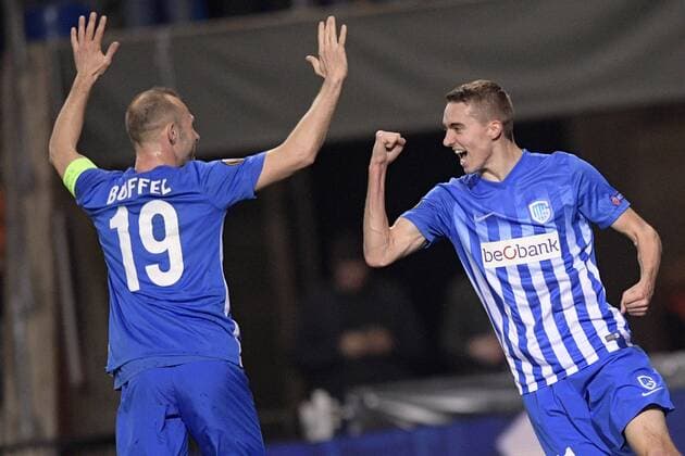 Genk s Thomas Buffel and Genk s Timothy Castagne celebrate during the return game of 1 8 finals of the Europa League competition between Belgian soccer team KRC Genk and Belgian club KAA Gent, Thursday 16 March 2017, in Genk. First leg in Gent ended on a 2-5 result. YORICKxJANSENS  x05065808x