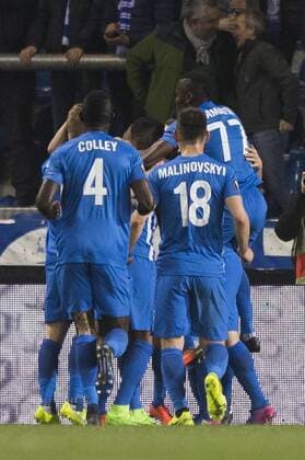 Genk s players celebrate after scoring during the return game of 1 8 finals of the Europa League competition between Belgian soccer team KRC Genk and Belgian club KAA Gent, Thursday 16 March 2017, in Genk. First leg in Gent ended on a 2-5 result. JASPERxJACOBS  x05065821x