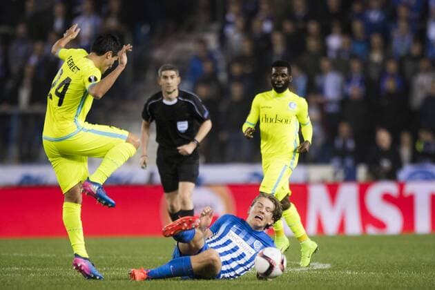Gent s Jeremy Perbet and Genk s Sander Berge fight for the ball during the return game of 1 8 finals of the Europa League competition between Belgian soccer team KRC Genk and Belgian club KAA Gent, Thursday 16 March 2017, in Genk. First leg in Gent ended on a 2-5 result. JASPERxJACOBS  x05065833x