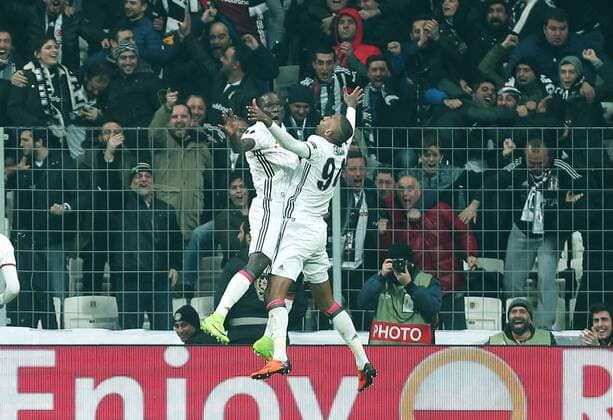 Besiktas Vincent Aboubakar and Anderson Talica celebrates his goal during a Europa League round of 16 second leg soccer match at Vodafone Arena stadium in Istanbul, Thursday, March 16, 2017.(Tolga Adanali - Depo Photos)  15650091
