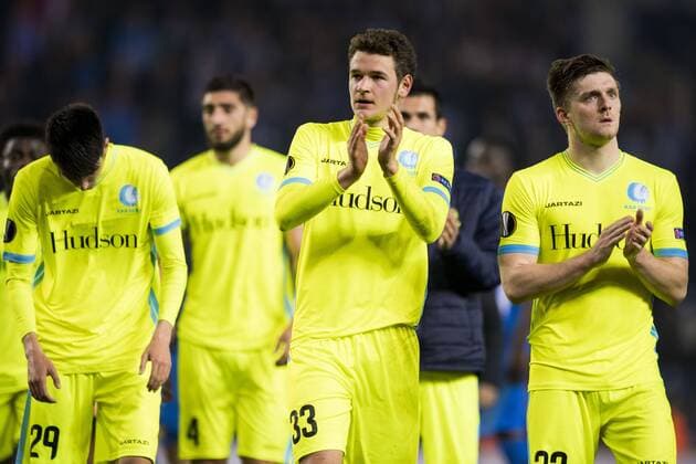 Gent s Birger Verstraete and Gent s Thomas Foket pictured after the return game of 1 8 finals of the Europa League competition between Belgian soccer team KRC Genk and Belgian club KAA Gent, Thursday 16 March 2017, in Genk. First leg in Gent ended on a 2-5 result. JASPERxJACOBS  x05065923x