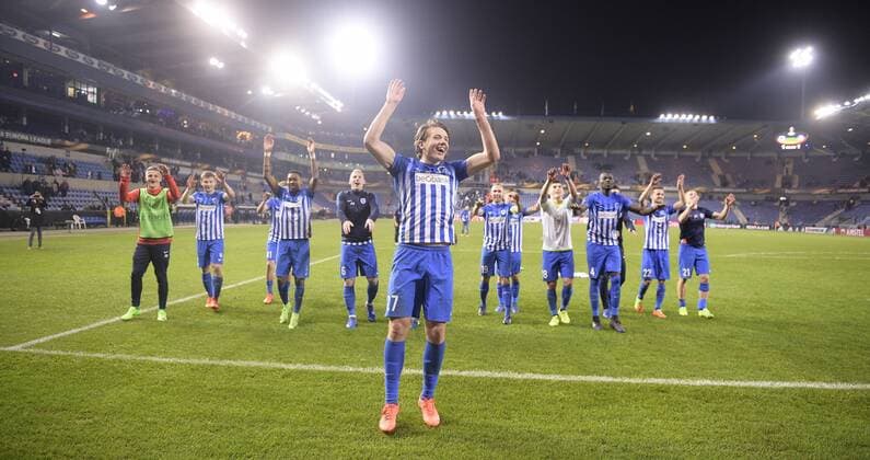 Genk s Sander Berge celebrates after winning the return game of 1 8 finals of the Europa League competition between Belgian soccer team KRC Genk and Belgian club KAA Gent, Thursday 16 March 2017, in Genk. First leg in Gent ended on a 2-5 result. YORICKxJANSENS  x05065940x