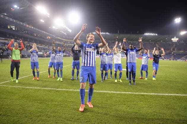 Genk s Sander Berge celebrates after winning the return game of 1 8 finals of the Europa League competition between Belgian soccer team KRC Genk and Belgian club KAA Gent, Thursday 16 March 2017, in Genk. First leg in Gent ended on a 2-5 result. YORICKxJANSENS  x05065941x