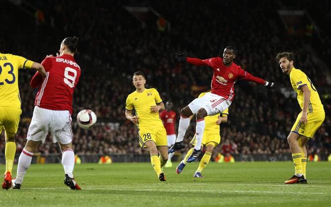Paul Pogba of Manchester United ManU fires a shot at goal during the UEFA Europa League Round of 16 2nd leg match at Old Trafford Stadium, Manchester. Picture date: March 16th, 2017. Pic credit should read: Matt McNulty Sportimage EDITORIAL USE ONLY. No use with unauthorised audio, video, data, fixture lists, club league logos or live services. Online in-match use limited to 120 images, no video emulation. No use in betting, games or single club league player publications.