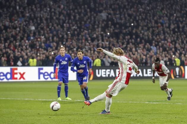 (L-R) Ludwig Augustinsson of FC Copenhagen, Uros Matic of FC Copenhagen, Kasper Dolberg of Ajax, Bertrand Traore of Ajax 2-0during the UEFA Europa League round of 32 match between Ajax Amsterdam and FC Copenhagen at the Amsterdam Arena on March 16, 2017 in Amsterdam, The Netherlands Ajax v FC Kopenhagen UEFA Europa League 2016 2017 xVIxxIVx 7354128