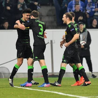 Fussball,UEFA Europa League 2016 2017, Achtelfinale, Borussia Mönchengladbach - FC Schalke 04 ,Stadion im Borussia Park Borussia Mönchengladbach 16.03.2017, Stadion im Borussia Park, Mönchengladbach,Mahmoud Dahoud, Andreas Christensen, Tony Jantschke, Jonas Hofmann, alle Borussia Mönchengladbach, Torjubel