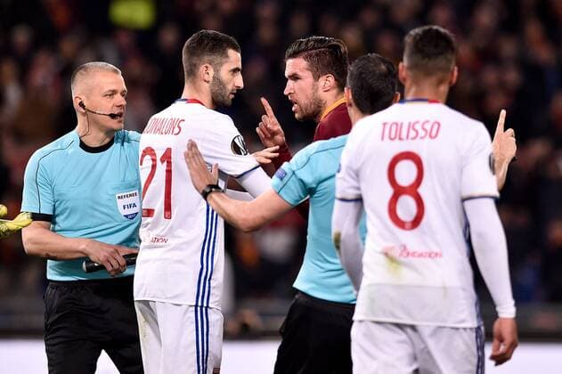 Kevin Strootman of AS Roma and Maxime Gonalons of Olympique Lyonnais during the UEFA Europa League match between Roma and Olympique Lyonnais at Stadio Olimpico, Rome, Italy on 16 March 2017. Copyright: xGiuseppexMaffiax 14640023