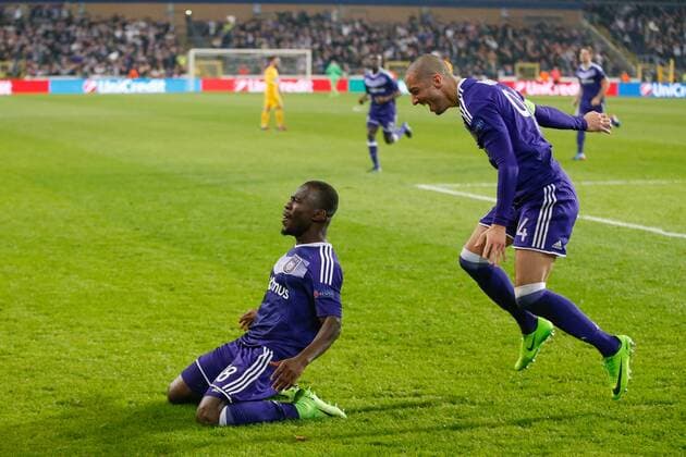 Anderlecht s Frank Acheampong celebrates after scoring during a return 1 8 final game of the Europa League competition between Belgian soccer team RSC Anderlecht and Cyprus team Apoel Nicosie in Anderlecht, Thursday 16 March 2017. First leg in Nicosie ended on a 0-1 result. BRUNOxFAHY  x05066010x