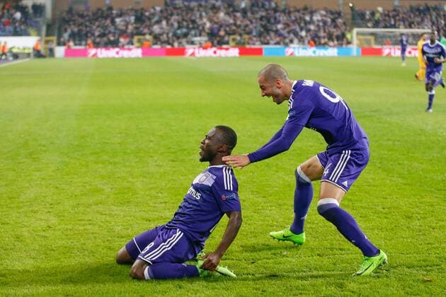 Anderlecht s Frank Acheampong celebrates after scoring during a return 1 8 final game of the Europa League competition between Belgian soccer team RSC Anderlecht and Cyprus team Apoel Nicosie in Anderlecht, Thursday 16 March 2017. First leg in Nicosie ended on a 0-1 result. BRUNOxFAHY  x05066012x