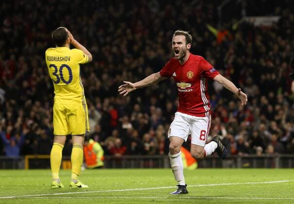 Juan Mata of Manchester United ManU celebrates after scoring his sides first goal during the UEFA Europa League Round of 16 2nd leg match at Old Trafford Stadium, Manchester. Picture date: March 16th, 2017. Pic credit should read: Matt McNulty Sportimage EDITORIAL USE ONLY. No use with unauthorised audio, video, data, fixture lists, club league logos or live services. Online in-match use limited to 120 images, no video emulation. No use in betting, games or single club league player publications.