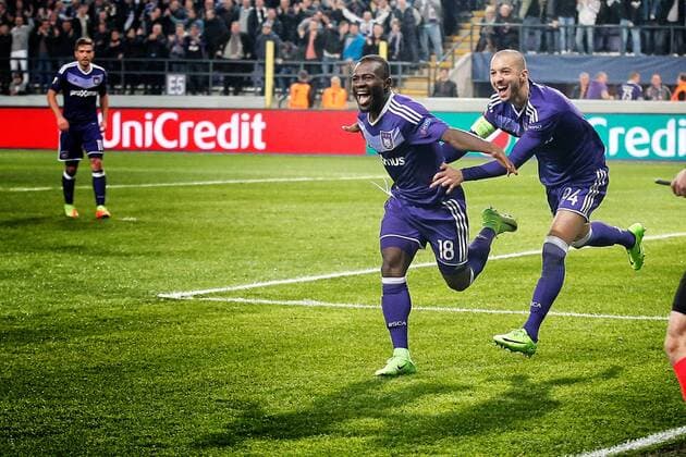Bilder des Tages - SPORT Anderlecht s Frank Acheampong celebrates after scoring during a return 1 8 final game of the Europa League competition between Belgian soccer team RSC Anderlecht and Cyprus team Apoel Nicosie in Anderlecht, Thursday 16 March 2017. First leg in Nicosie ended on a 0-1 result. BRUNOxFAHY  x05066031x