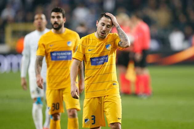 Apoel s players look dejected after a return 1 8 final game of the Europa League competition between Belgian soccer team RSC Anderlecht and Cyprus team Apoel Nicosie in Anderlecht, Thursday 16 March 2017. First leg in Nicosie ended on a 0-1 result. BRUNOxFAHY  x05066046x
