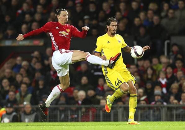 Zlatan Ibrahimovic of Manchester United ManU challenges Cesar Navas of FC Rostov during the UEFA Europa League Round of 16 2nd leg match at Old Trafford Stadium, Manchester. Picture date: March 16th, 2017. Pic credit should read: Matt McNulty Sportimage EDITORIAL USE ONLY. No use with unauthorised audio, video, data, fixture lists, club league logos or live services. Online in-match use limited to 120 images, no video emulation. No use in betting, games or single club league player publications.