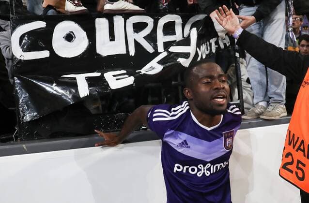 Anderlecht s Frank Acheampong celebrates after winning a return 1 8 final game of the Europa League competition between Belgian soccer team RSC Anderlecht and Cyprus team Apoel Nicosie in Anderlecht, Thursday 16 March 2017. First leg in Nicosie ended on a 0-1 result. VIRGINIExLEFOUR  x05066066x