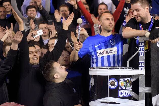 Genk s Thomas Buffel celebrates after winning the return game of 1 8 finals of the Europa League competition between Belgian soccer team KRC Genk and Belgian club KAA Gent, Thursday 16 March 2017, in Genk. First leg in Gent ended on a 2-5 result. YORICKxJANSENS  x05066070x