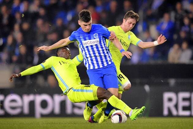Gent s Samuel Kalu, Genk s Ruslan Malinovsky and Gent s Brecht Dejaegere fight for the ball during the return game of 1 8 finals of the Europa League competition between Belgian soccer team KRC Genk and Belgian club KAA Gent, Thursday 16 March 2017, in Genk. First leg in Gent ended on a 2-5 result. YORICKxJANSENS  x05066072x