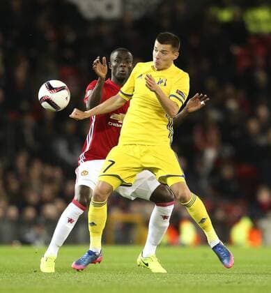 Dmitriy Poloz of FC Rostov battles with Eric Bailly of Manchester United ManU during the UEFA Europa League Round of 16 2nd leg match at Old Trafford Stadium, Manchester. Picture date: March 16th, 2017. Pic credit should read: Matt McNulty Sportimage EDITORIAL USE ONLY. No use with unauthorised audio, video, data, fixture lists, club league logos or live services. Online in-match use limited to 120 images, no video emulation. No use in betting, games or single club league player publications.