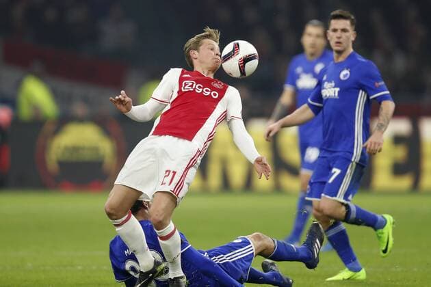 (L-R) Uros Matic of FC Copenhagen, Frenkie de Jong of Ajax, Benjamin Verbic of FC Copenhagenduring the UEFA Europa League round of 32 match between Ajax Amsterdam and FC Copenhagen at the Amsterdam Arena on March 16, 2017 in Amsterdam, The Netherlands Ajax v FC Kopenhagen UEFA Europa League 2016 2017 xVIxxIVx 7355072