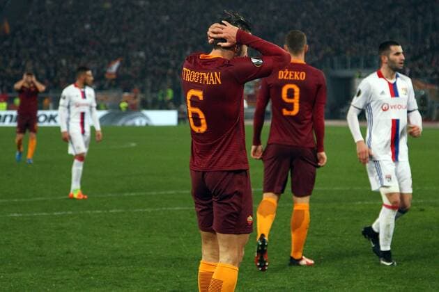 March 16th 2017, Stadio Olimpic, Rome, Italy; Strootman Kevin holds his head as he misses a good chance during the UEFA Europa League match , Round of 16 second leg; As Roma versus Olympique Lyon xFabioxAlfanox  ActionPlus11856846