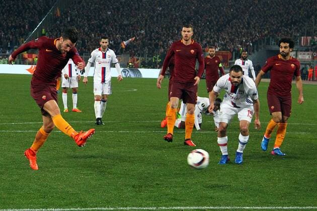 March 16th 2017, Stadio Olimpic, Rome, Italy; Strootman shoots but sees his shot saved during the UEFA Europa League match , Round of 16 second leg; As Roma versus Olympique Lyon xFabioxAlfanox  ActionPlus11856847