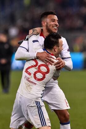 Mathieu Valbuena of Olympique Lyonnais and Corentin Tolisso of Olympique Lyonnais celebrate the victory at the end of the UEFA Europa League match between Roma and Olympique Lyonnais at Stadio Olimpico, Rome, Italy on 16 March 2017. Copyright: xGiuseppexMaffiax 14640059