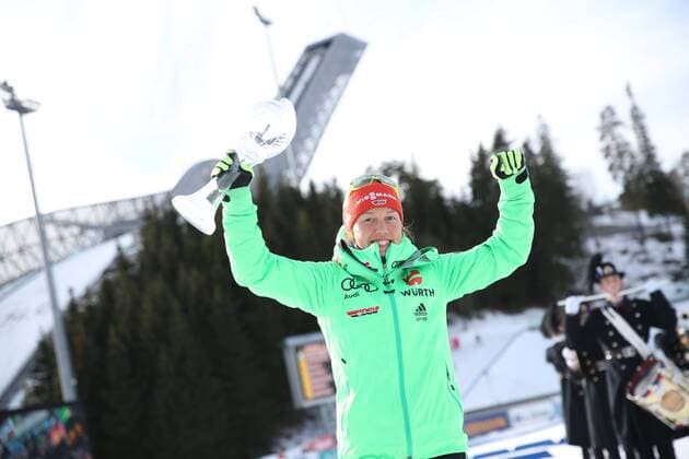 BIATHLON - IBU WC Final Oslo OSLO,NORWAY,17.MAR.17 - BIATHLON - IBU World Cup Final, award ceremony for the Individual World Cup, ladies. Image shows the rejoicing of Laura Dahlmeier (GER). keywords: crystal globe. GEPAxpictures xPhilippxBrem