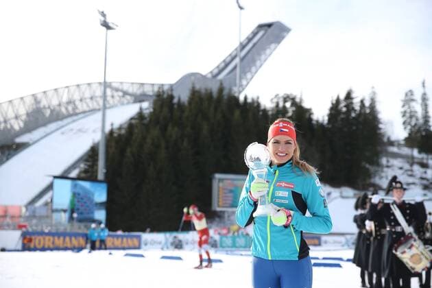 BIATHLON - IBU WC Final Oslo OSLO,NORWAY,17.MAR.17 - BIATHLON - IBU World Cup Final, award ceremony for the Sprint World Cup, ladies. Image shows Gabriela Koukalova (CZE). keywords: crystal globe. GEPAxpictures xPhilippxBrem