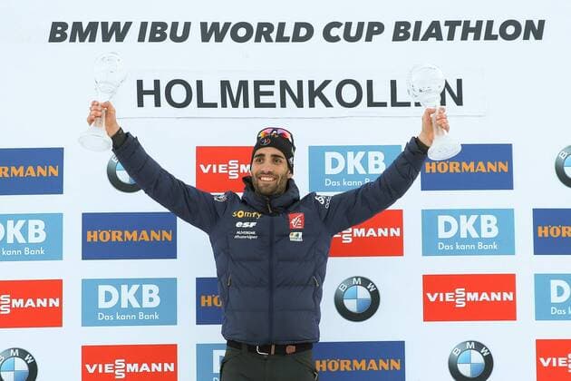BIATHLON - IBU WC Final Oslo OSLO,NORWAY,17.MAR.17 - BIATHLON - IBU World Cup Final, 10km sprint, men, award ceremony. Image shows the rejoicing of Martin Fourcade (FRA). GEPAxpictures xPhilippxBrem