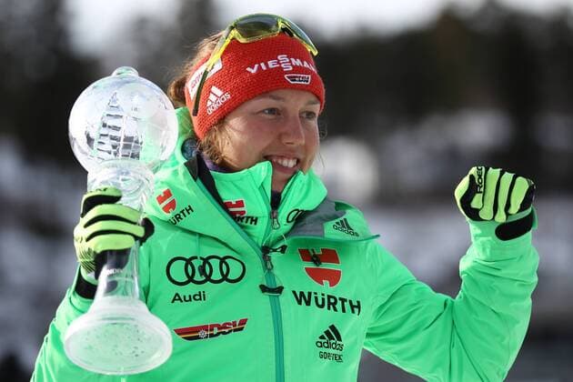 HOLMENKOLLEN, NORWAY - MARCH 17, 2017: Biathlete Laura Dahlmeier of Norway wins a big Crystal Globe in the 2016 2017 Season total for the women s 7.5km sprint event at 2016 2017 IBU World Cup Biathlon 9 in Holmenkollen, Oslo. Andrei Anosov Russian Biathlon Union TASS  TS044B0E