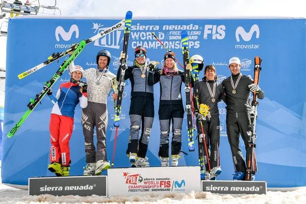 FREESTYLE SKIING - FIS WC 2017 SIERRA NEVADA,SPAIN,18.MAR.17 - FREESTYLE SKIING - FIS Freestyle Ski and Snowboard World Championships, Ski Cross, ladies men, award ceremony. Image shows the poium of ladies and men: Fanny Smith (SUI), Jamie Prebble (NZL), Victor Oehling Norberg, Sandra Naeslund (SWE), Ophelie David and Francois Place (FRA). Keywords: medal, Stoeckli. GEPAxpictures xOliverxLerch