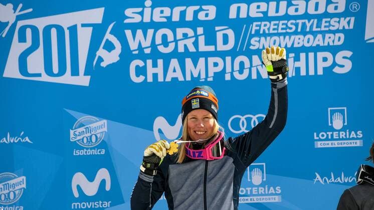 FREESTYLE SKIING - FIS WC 2017 SIERRA NEVADA,SPAIN,18.MAR.17 - FREESTYLE SKIING - FIS Freestyle Ski and Snowboard World Championships, Ski Cross, ladies men, award ceremony. Image shows Sandra Naeslund (SWE). Keywords: medal. GEPAxpictures xOliverxLerch