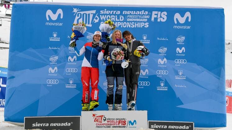 FREESTYLE SKIING - FIS WC 2017 SIERRA NEVADA,SPAIN,18.MAR.17 - FREESTYLE SKIING - FIS Freestyle Ski and Snowboard World Championships, Ski Cross, ladies men, award ceremony. Image shows the podium of the ladies: Fanny Smith (SUI), Sandra Naeslund (SWE) and Ophelie David (FRA). Keywords: Stoeckli, medal. GEPAxpictures xOliverxLerch