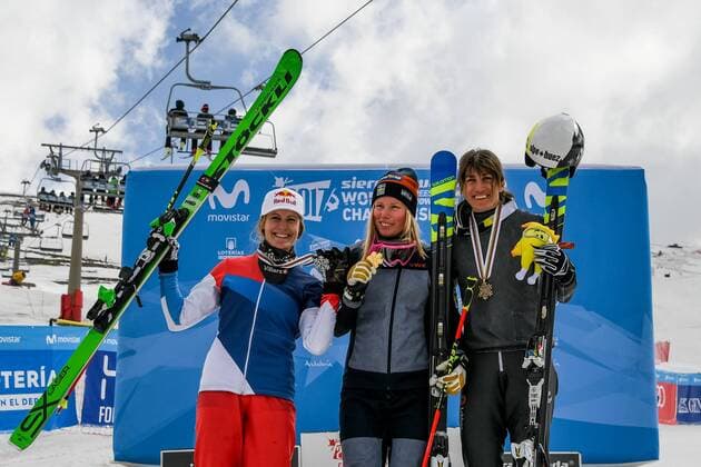 FREESTYLE SKIING - FIS WC 2017 SIERRA NEVADA,SPAIN,18.MAR.17 - FREESTYLE SKIING - FIS Freestyle Ski and Snowboard World Championships, Ski Cross, ladies men, award ceremony. Image shows the podium of the ladies: Fanny Smith (SUI), Sandra Naeslund (SWE) and Ophelie David (FRA). Keywords: Stoeckli, medal. GEPAxpictures xOliverxLerch
