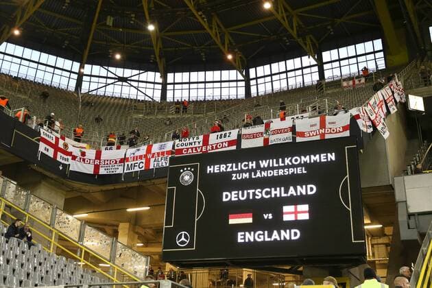 England fans on display during the International Friendly Länderspiel at Signal Iduna Park, Dortmund. Picture date: March 22nd, 2017. Pic credit should read: Matt McNulty Sportimage EDITORIAL USE ONLY. No use with unauthorised audio, video, data, fixture lists, club league logos or live services. Online in-match use limited to 120 images, no video emulation. No use in betting, games or single club league player publications.