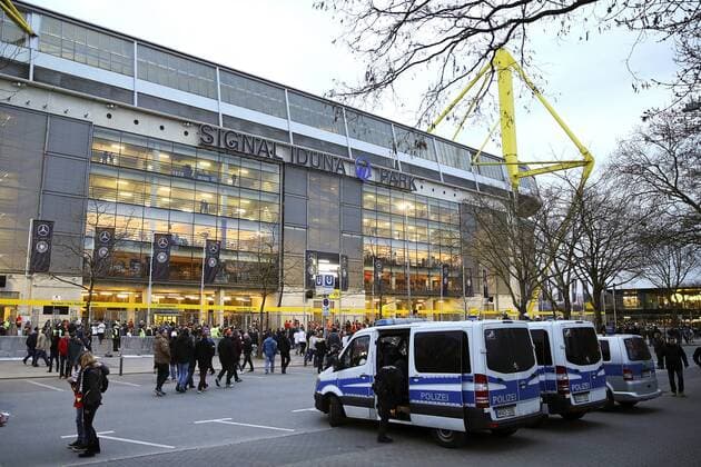 A heavy police presence outside the ground during the International Friendly Länderspiel at Signal Iduna Park, Dortmund. Picture date: March 22nd, 2017. Pic credit should read: Matt McNulty Sportimage EDITORIAL USE ONLY. No use with unauthorised audio, video, data, fixture lists, club league logos or live services. Online in-match use limited to 120 images, no video emulation. No use in betting, games or single club league player publications.