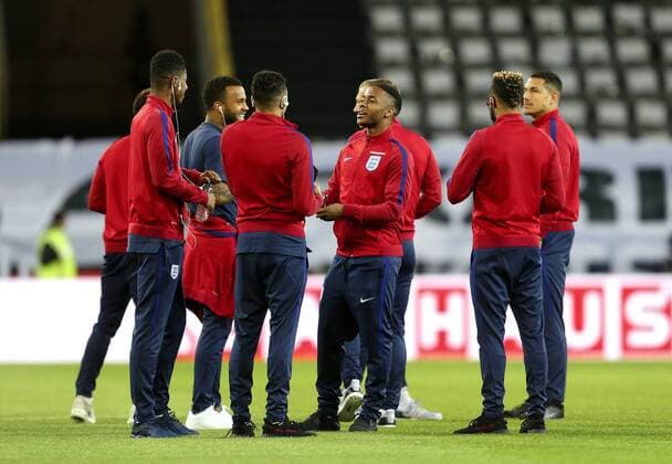 Raheem Sterling and his England team mates take a walk on the pitch before the International Friendly Länderspiel at Signal Iduna Park, Dortmund. Picture date: March 22nd, 2017. Pic credit should read: Matt McNulty Sportimage EDITORIAL USE ONLY. No use with unauthorised audio, video, data, fixture lists, club league logos or live services. Online in-match use limited to 120 images, no video emulation. No use in betting, games or single club league player publications.