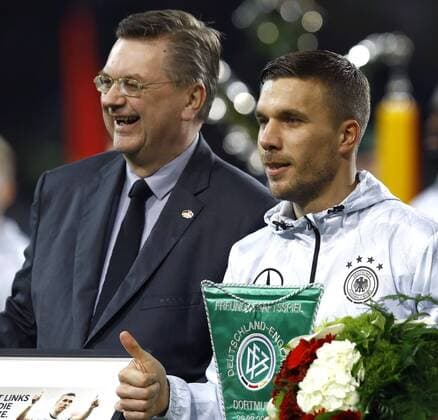 (l-r) German footbal manager Grindel, Lukas Podolski of Germany plays his last game for the national teamduring the friendly match between Germany and England on March 22, 2017 at the Signal Iduna Park stadium in Dortmund, Germany. Germany v England Friendly match 2016 2017 xVIxxIVx 7401213
