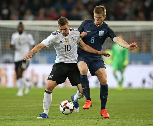 22.03.2017, Fussball Test-Länderspiel, Deutschland - England, in Dortmund, Signal-Iduna-Park-Stadion Dortmund, v.l. Lukas Podolski (Deutschland) gegen Eric Dier (England) 