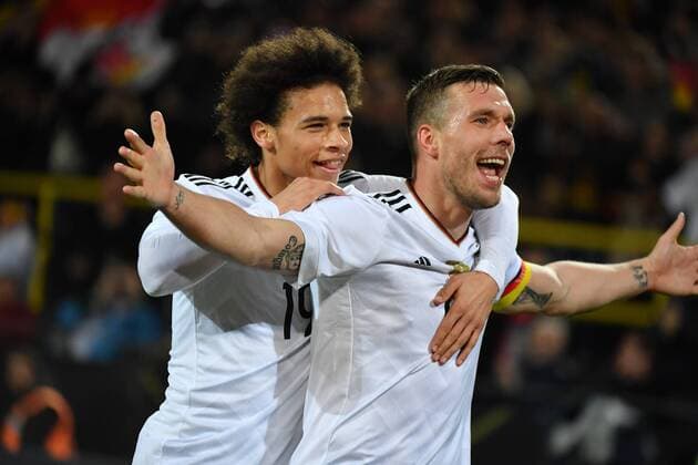 GER, FSP, Deutschland (GER) vs England (ENG) 22.03.2017, Signal-Iduna-Park , Dortmund , GER, FSP, Deutschland (GER) vs England (ENG) im Bild picture shows: Tor zum 1:0 fuer Deutschalnd durch Lukas Podolski (Deutschland GER 10), mit Leroy Sané (Deutschland GER 19), Foto © nordphoto Meuter nordphotox xMeuter