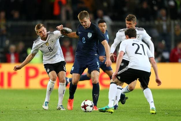 Eric Dier of England takes on Toni Kroos of Germany during the International Friendly Länderspiel at Signal Iduna Park, Dortmund. Picture date: March 22nd, 2017. Pic credit should read: Matt McNulty Sportimage EDITORIAL USE ONLY. No use with unauthorised audio, video, data, fixture lists, club league logos or live services. Online in-match use limited to 120 images, no video emulation. No use in betting, games or single club league player publications.