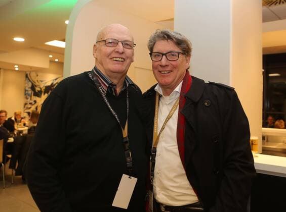 Länderspiel, Deutschland - England, 22. 03.2017, in Dortmund, Treffpunkt Club der Nationalspieler. -- Manfred Manglitz ( links ) und Harald Schumacher ( Torhüter 1. FC Köln )