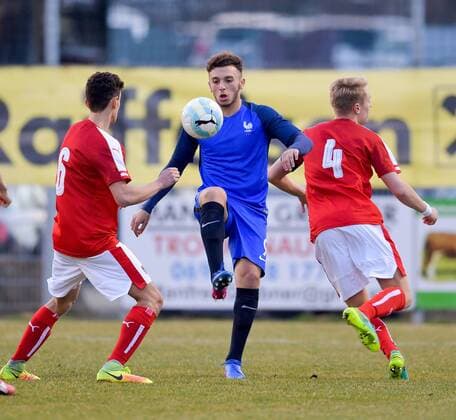 SOCCER - U17 U 17 EURO quali, AUT vs FRA ROHRBACH,AUSTRIA,23.MAR.17 - SOCCER - UEFA European Under-17 Championship, qualifiers, Elite round, OEFB international match Länderspiel Austria vs France. Image shows Vesel Demaku (AUT), Amine Gouiri (FRA) and Benjamin Wallquist (AUT). GEPAxpictures xMichaelxRiedler